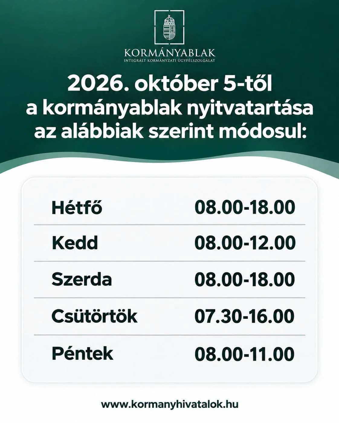 Módosult a Kormányablak nyitvatartása